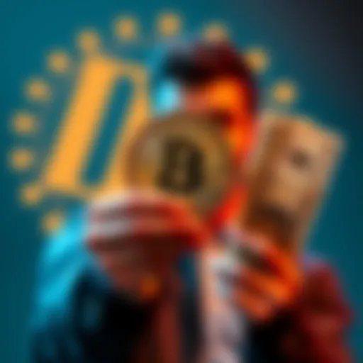 A person holding a Bitcoin in one hand and dollar bills in the other, looking thoughtful about their financial future.