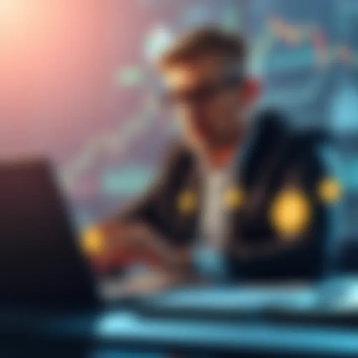 Bitcoin Holding Strategy A thoughtful investor reviewing Bitcoin custody solutions on a laptop, surrounded by charts and graphs showing market trends.