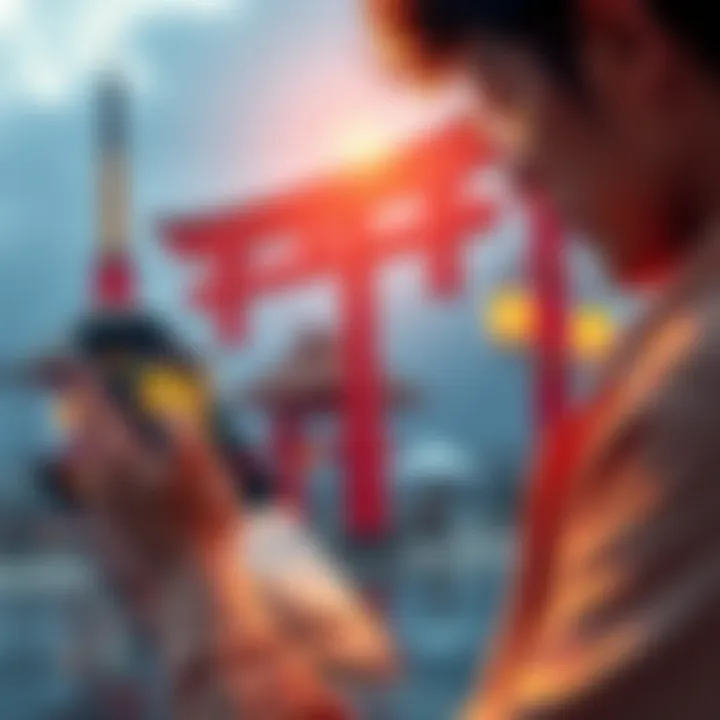 A person checking Bitcoin investment on a phone while looking at a travel guide to Japan.