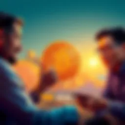Two friends discussing their Bitcoin investments with a chart showing fluctuations in value