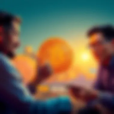 Two friends discussing their Bitcoin investments with a chart showing fluctuations in value