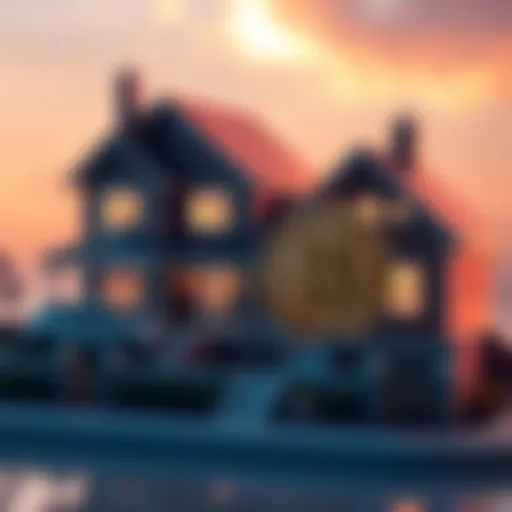 A digital representation of Bitcoin alongside a model house, symbolizing the value comparison between Bitcoin and the average US home price.