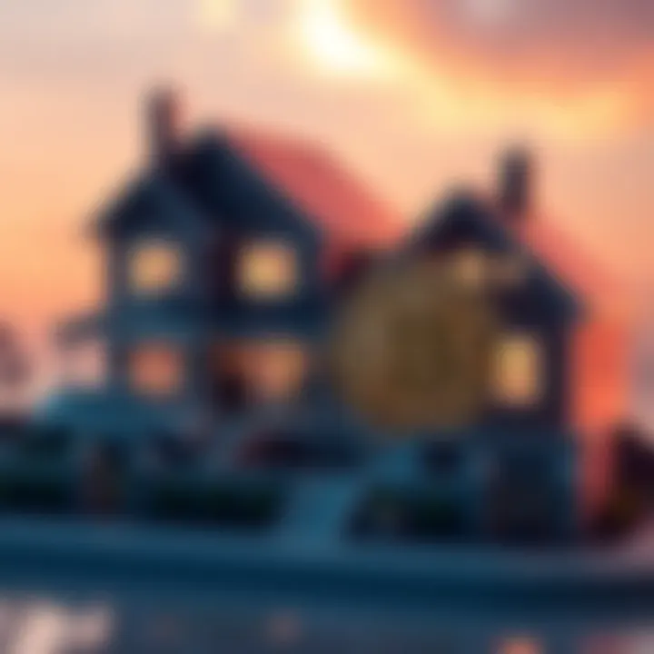 A digital representation of Bitcoin alongside a model house, symbolizing the value comparison between Bitcoin and the average US home price.