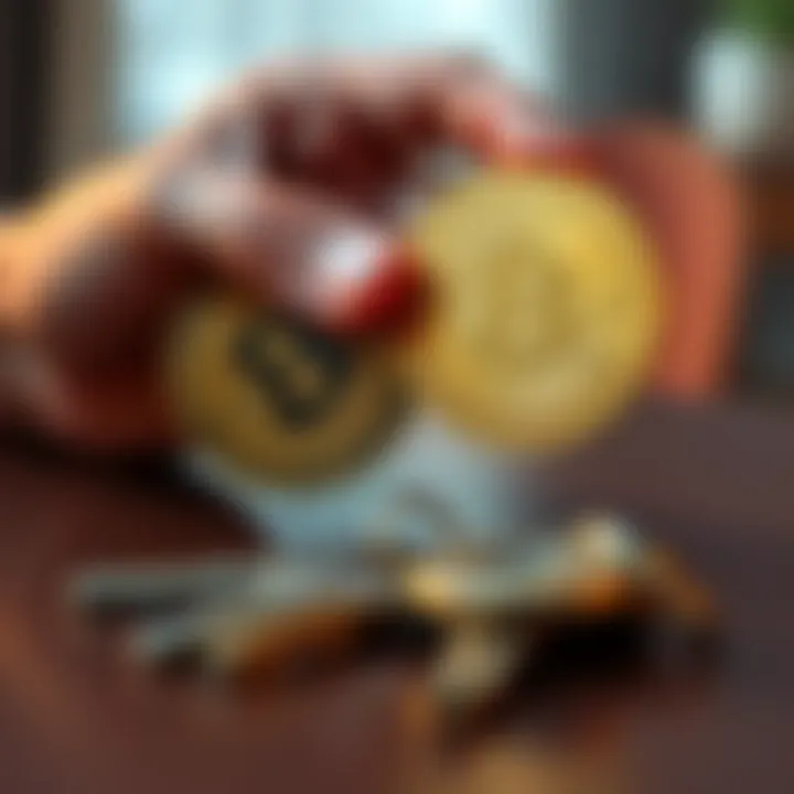 A hand holding Bitcoin coins next to a set of house keys on a table, symbolizing investment in cryptocurrency for home ownership.