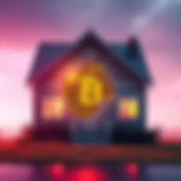 A house with a Bitcoin symbol cutting through the price tag, illustrating the impact of Bitcoin on housing prices.