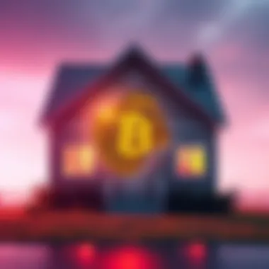 A house with a Bitcoin symbol cutting through the price tag, illustrating the impact of Bitcoin on housing prices.