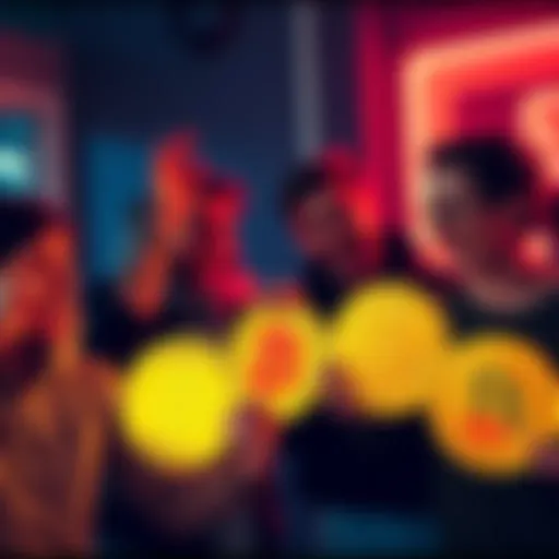 A group of people laughing and chatting while holding Bitcoin symbols, reflecting the fun of cryptocurrency discussions.