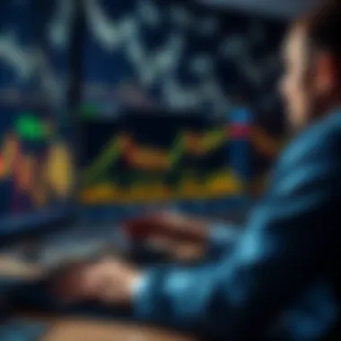 A person examining Bitcoin charts on a computer, with dollar bills in the background, symbolizing the tension between cryptocurrency and traditional banking.