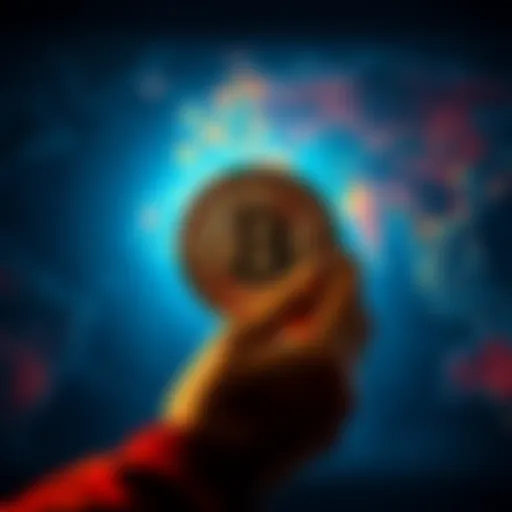 A person holding a Bitcoin symbol while looking at a map of impoverished countries, representing the connection between cryptocurrency and financial challenges.