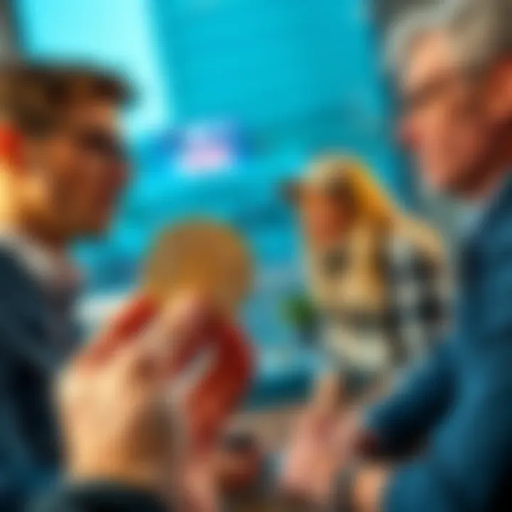 A person holding a physical Bitcoin while looking thoughtfully at a group of friends who are engaged in conversation about traditional investments.