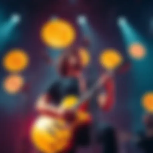 A musician playing guitar on stage with Bitcoin symbols in the background