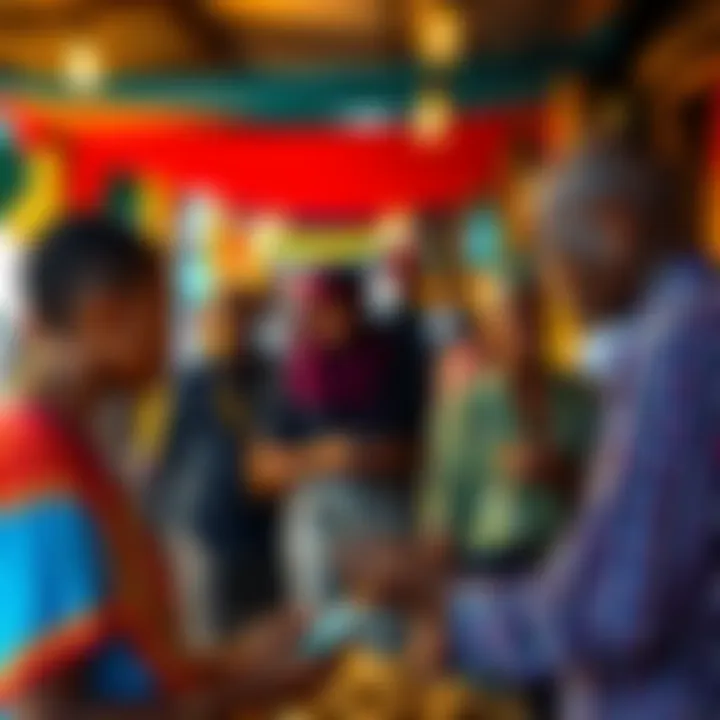 A local market in Zanzibar with people discussing digital currency solutions and using smartphones.