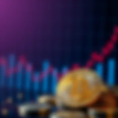 A visual representation of Bitcoin coins with a declining inflation graph in the background, showing the relationship between cryptocurrency value and inflation rates.