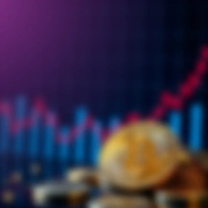 A visual representation of Bitcoin coins with a declining inflation graph in the background, showing the relationship between cryptocurrency value and inflation rates.