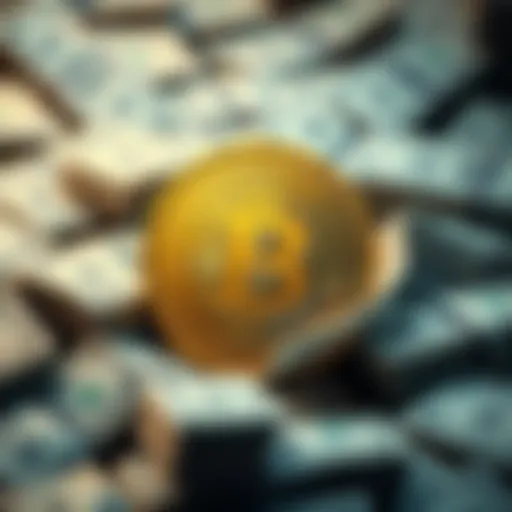 Bitcoin symbol with dollar bills Bitcoin symbol surrounded by stacks of dollar bills representing inflation concerns