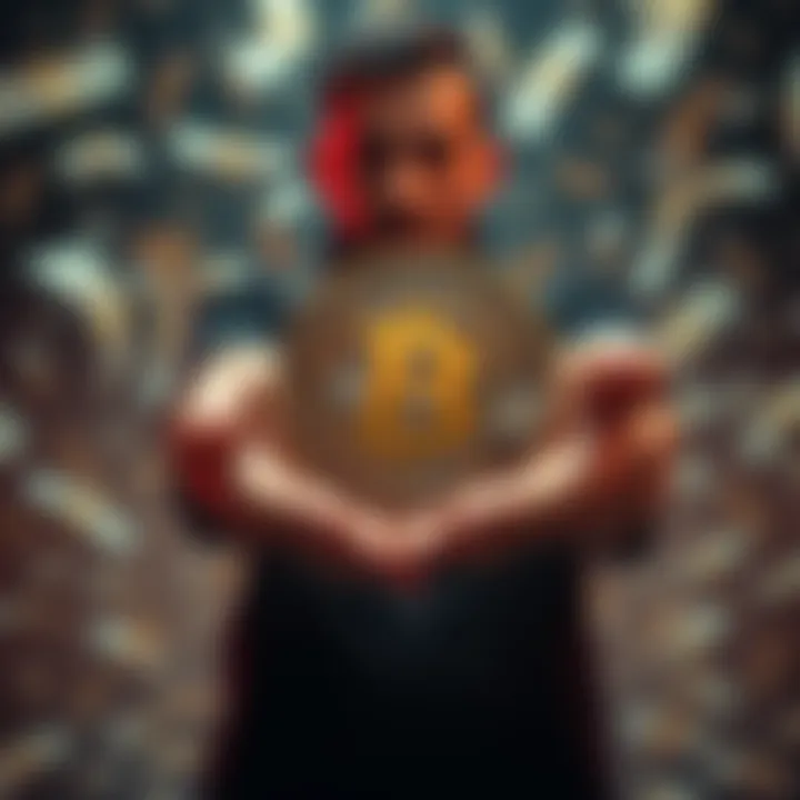 A person holding physical Bitcoin coins with falling fiat currency bills in the background, symbolizing protection against inflation