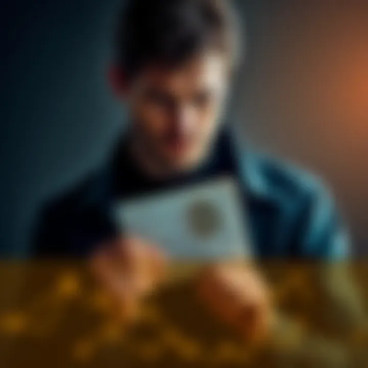 A person holding a Bitcoin ledger and a seed phrase with a somber expression, reflecting on inheritance issues after a parent's passing.