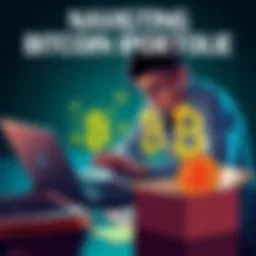 A person looking at a laptop with Bitcoin symbols, a box of documents nearby, representing the emotional challenges of inheriting Bitcoin.