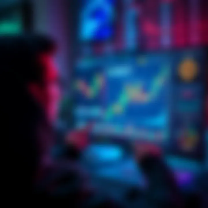 A person analyzing Bitcoin graphs and trends on a computer screen, with financial symbols in the background.