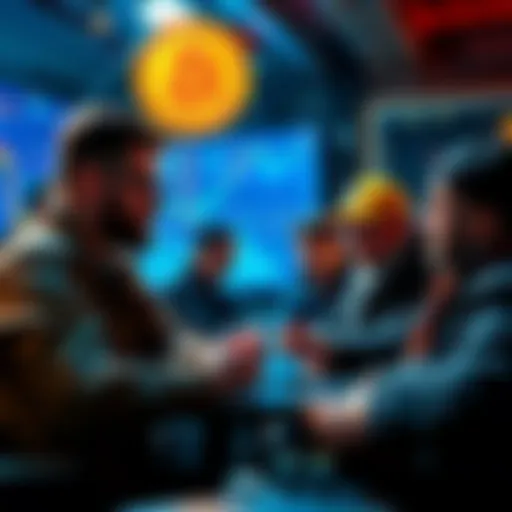 A group of experienced Bitcoin miners sharing knowledge in a casual setting, focusing on blockchain and its complexities.
