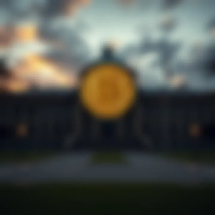 Australian Senate building with a bitcoin symbol overlay, representing legislative support for cryptocurrency integration into financial services.