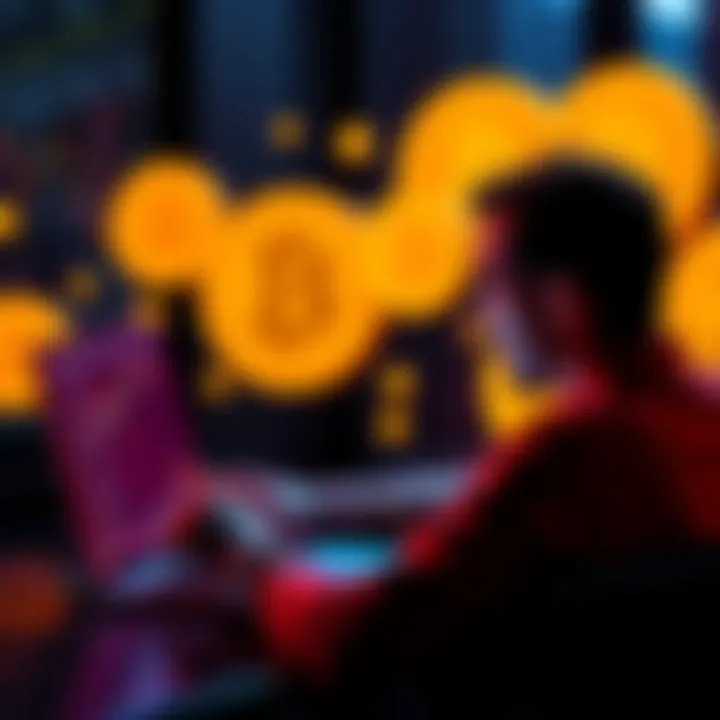 Bitcoin Interest Platforms A person reviewing Bitcoin interest platforms on a laptop, with Bitcoin symbols in the background.