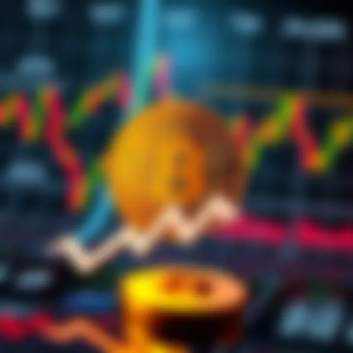 A graphic showing Bitcoin symbol with arrows indicating market fluctuations and a background of financial charts related to interest rates.