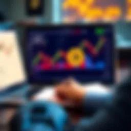 A person looking at Bitcoin charts on a laptop with a notebook and pen, illustrating investment strategies.