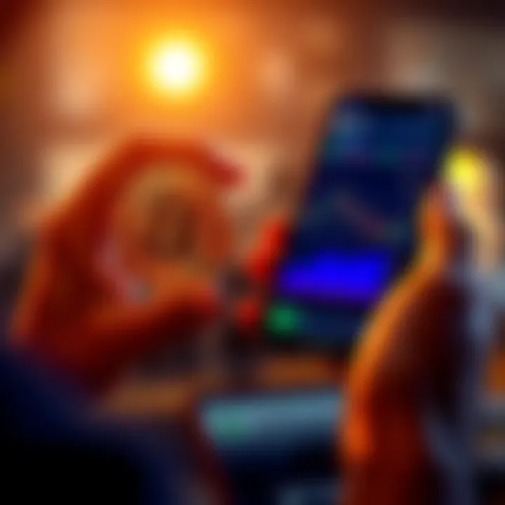 A person holding a Bitcoin symbol while looking at a financial chart on a smartphone, evaluating investment potential.