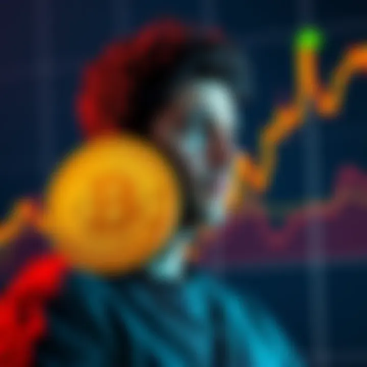 A person contemplating a large investment in Bitcoin with a graph showing rising prices in the background.