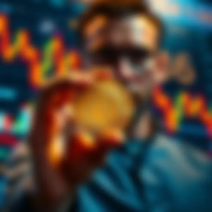 A person holding a physical Bitcoin while contemplating investment choices with stock market graphs in the background.