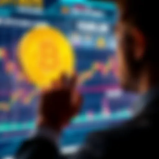 A person considering how much Bitcoin to buy, looking at a graph showing Bitcoin's price trends on a digital screen.