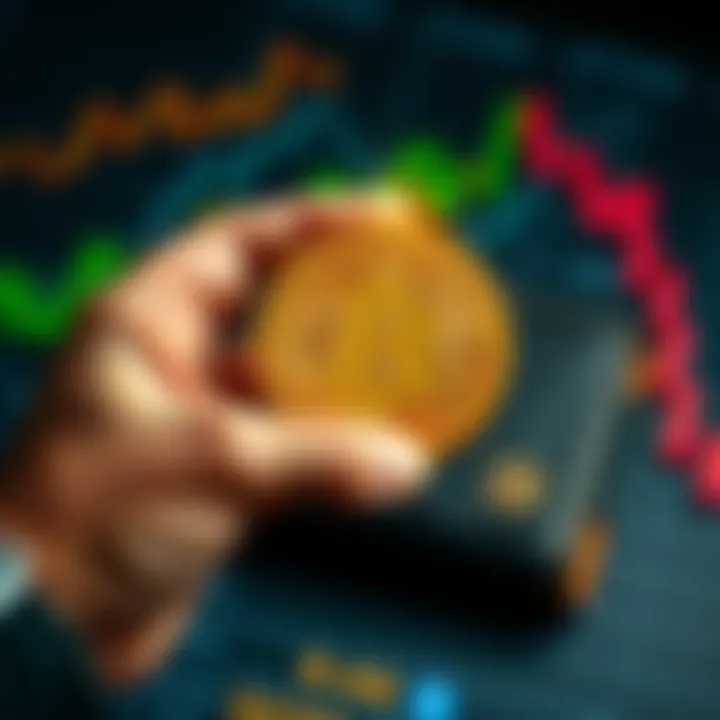 A person holding a Bitcoin token with a digital wallet in the background, symbolizing ownership of cryptocurrency.
