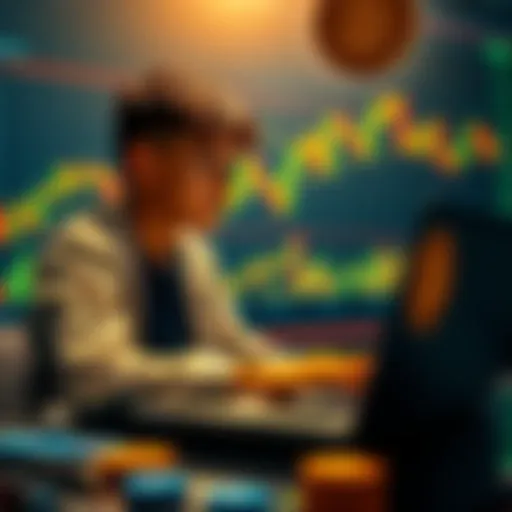 A young person analyzing Bitcoin trends on a laptop with stock market graphs in the background