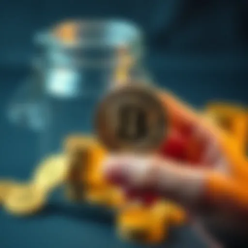 A person holding a Bitcoin with a savings jar in the background