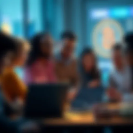 A group of diverse people discussing Bitcoin investments with a laptop and charts on the table, showing fluctuating prices