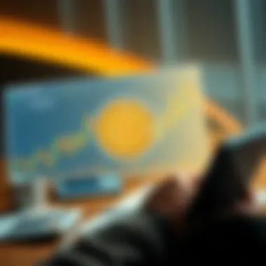 A person excitedly looking at a Bitcoin chart with a calculator and money on the table.