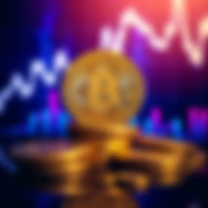 A stack of golden Bitcoin coins with a glowing chart showing rising profits in the background