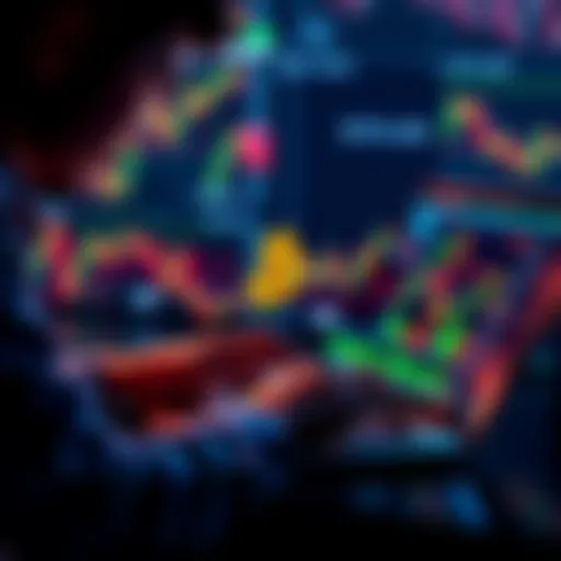 A person reviewing Bitcoin charts on a laptop with financial graphs in the background