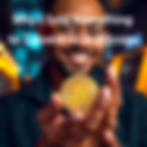 Individual smiling while holding Bitcoin coins in hand, symbolizing investment in cryptocurrency.