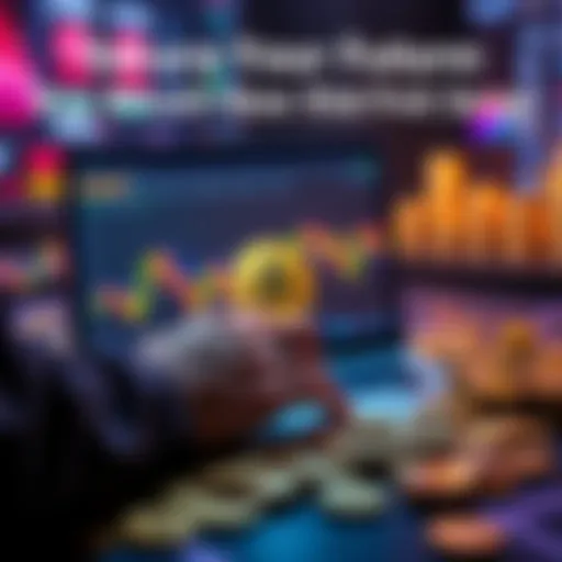 A person looking at rising Bitcoin price charts on a laptop, with coins scattered around