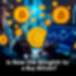 A person analyzing Bitcoin trends on a laptop with cryptocurrency symbols in the background.