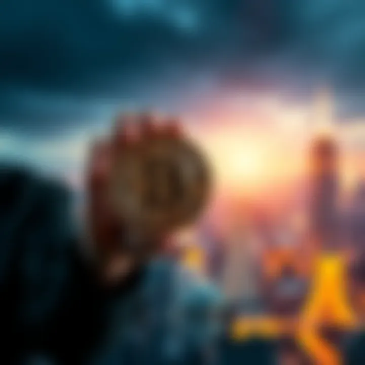 A determined person holding a Bitcoin symbol with a city skyline in the background, representing the bold decision to invest everything in Bitcoin.