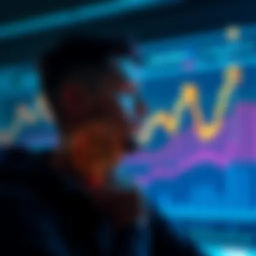 A person contemplating investing in Bitcoin with a graph showing rising trends in the background