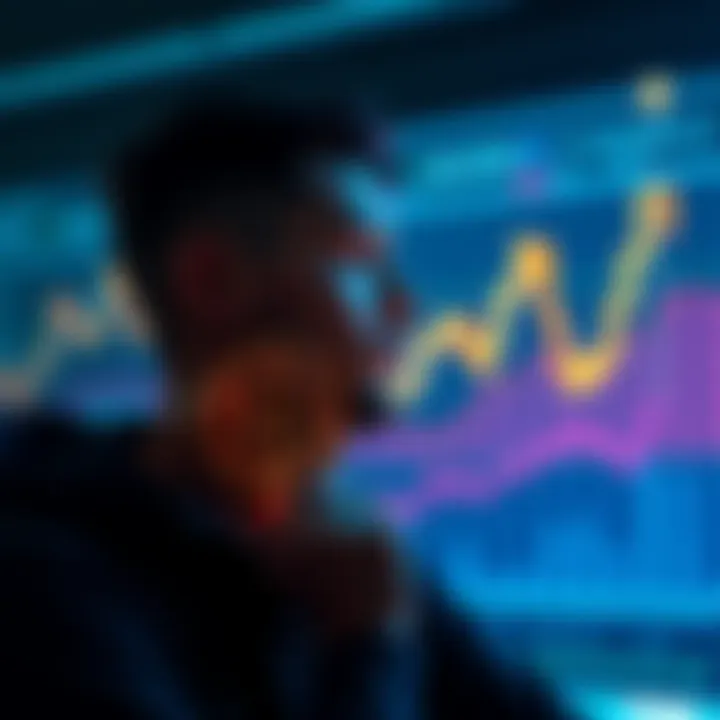 A person contemplating investing in Bitcoin with a graph showing rising trends in the background