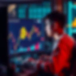 A young person analyzing Bitcoin trends on a computer screen with a chart showing price fluctuations.