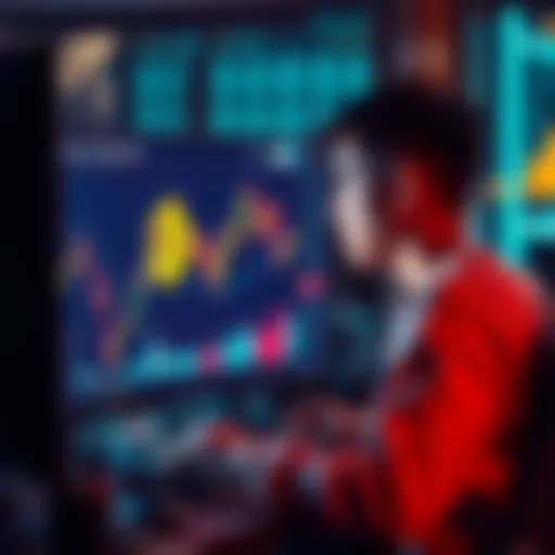 A young person analyzing Bitcoin trends on a computer screen with a chart showing price fluctuations.