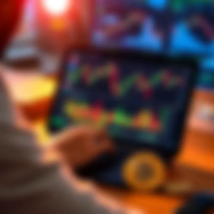 A person analyzing Bitcoin charts on a laptop screen with financial graphs and a Bitcoin coin beside it.