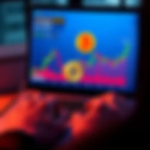 A person analyzing Bitcoin market trends on a laptop with a bullish graph displayed on the screen.