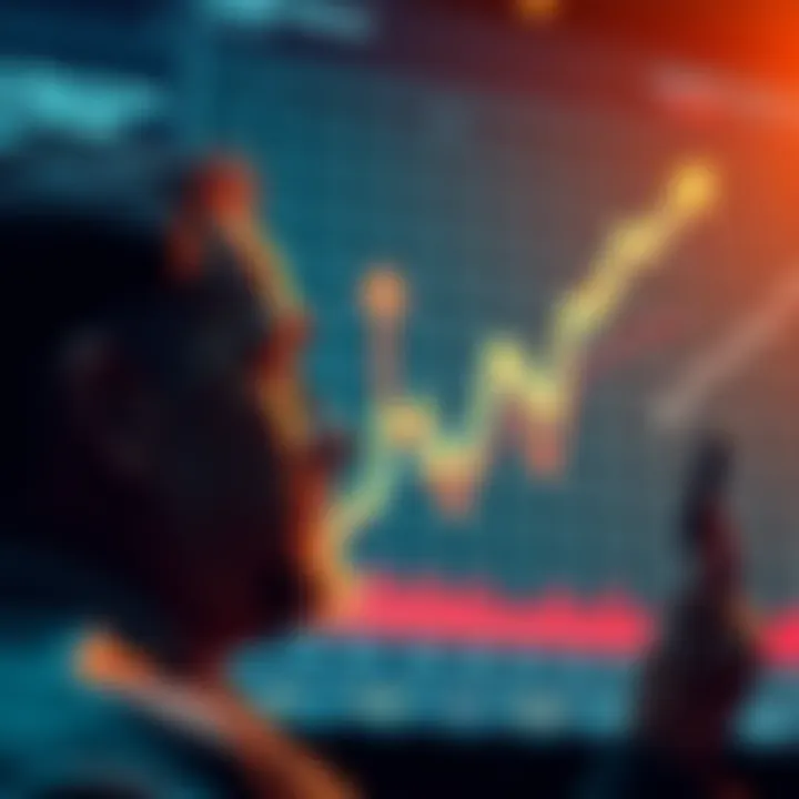 A chart showing Bitcoin price trends with upward and downward arrows, and a person looking at it thoughtfully.